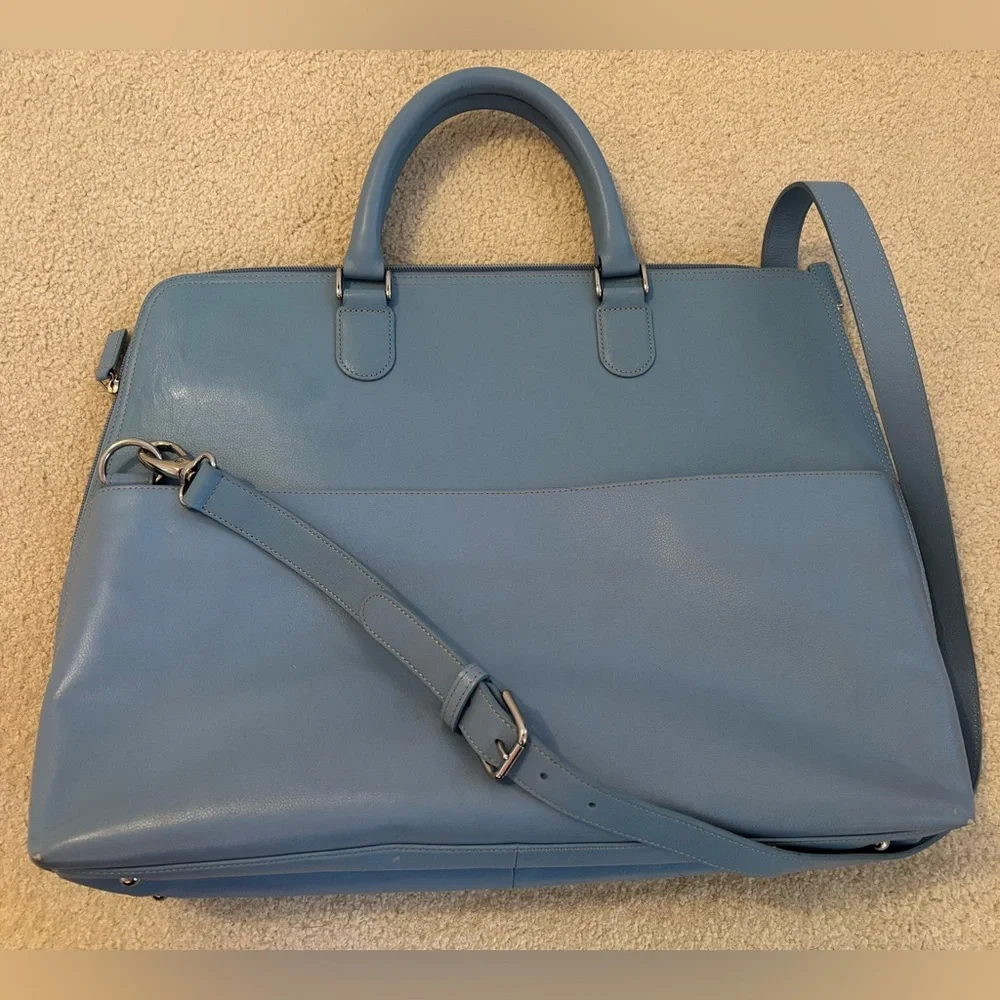 Levenger 100% Leather Light Blue Briefcase with Removable Shoulder Strap $450